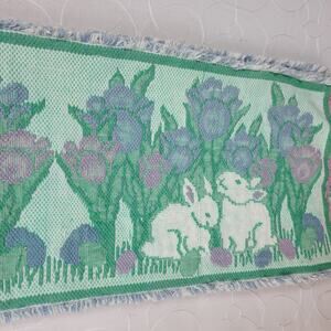 Easter Table Runner Green Pink Hand Knit Cotton Bunny Rabbit Eggs Tulips Spring